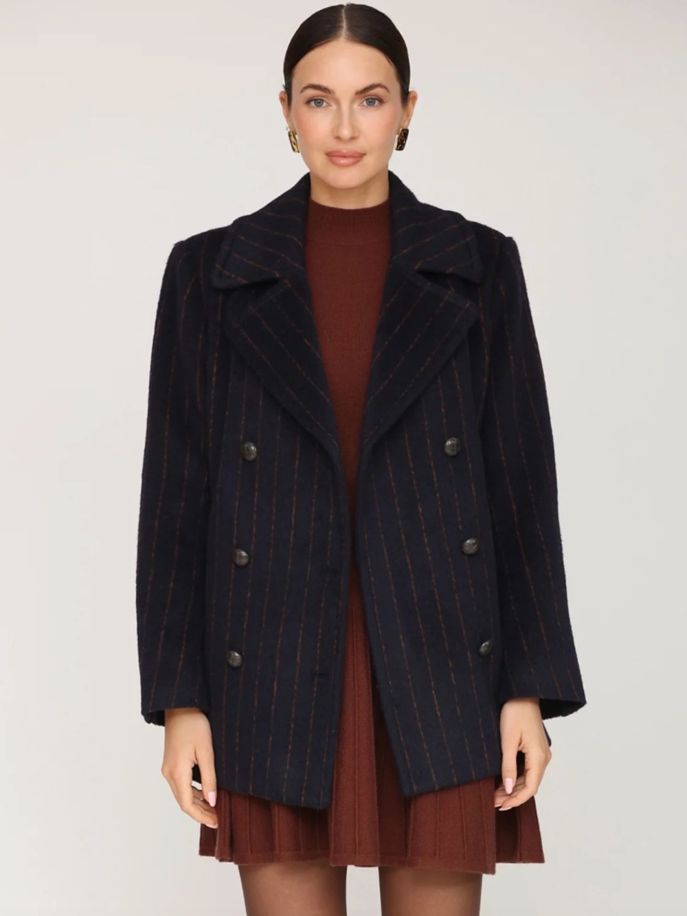 NWT $188 Avec Les Filles Double Breasted Pinstripe Navy Oversize Coat -size XS!